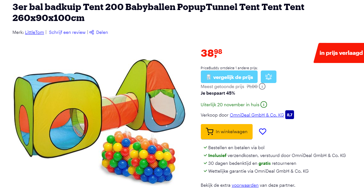 -45% Bal badkuip Tent met 200 Babyballen en PopupTunnel
